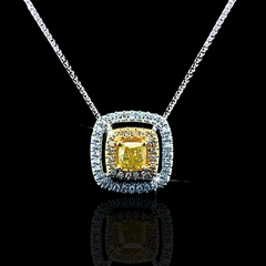 LVNA Signatures Rare Cushion Halo Rare Yellow Colored Diamond Necklace 14kt