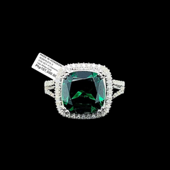 #BuyNow | Green Emerald Cushion Paved Gemstones Diamond Ring 14kt