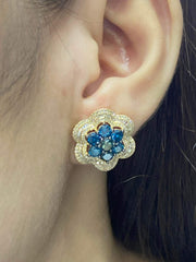 金色蓝色钻石花卉钻石耳环 14kt