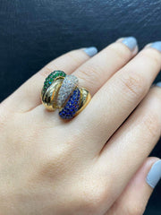 PREORDER | Golden Blue Sapphire & Green Emerald Gemstones Diamond Ring 14kt
