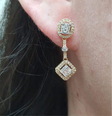 PREORDER | Golden Cluster Shape Oval Square Dangling Diamond Earrings 14kt